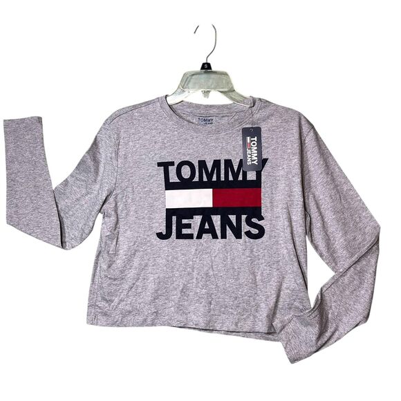Tommy Jeans Shirt Womens XS Gray Long Sleeve Cropped Flag Logo Crewneck Comfort - Picture 10 of 11